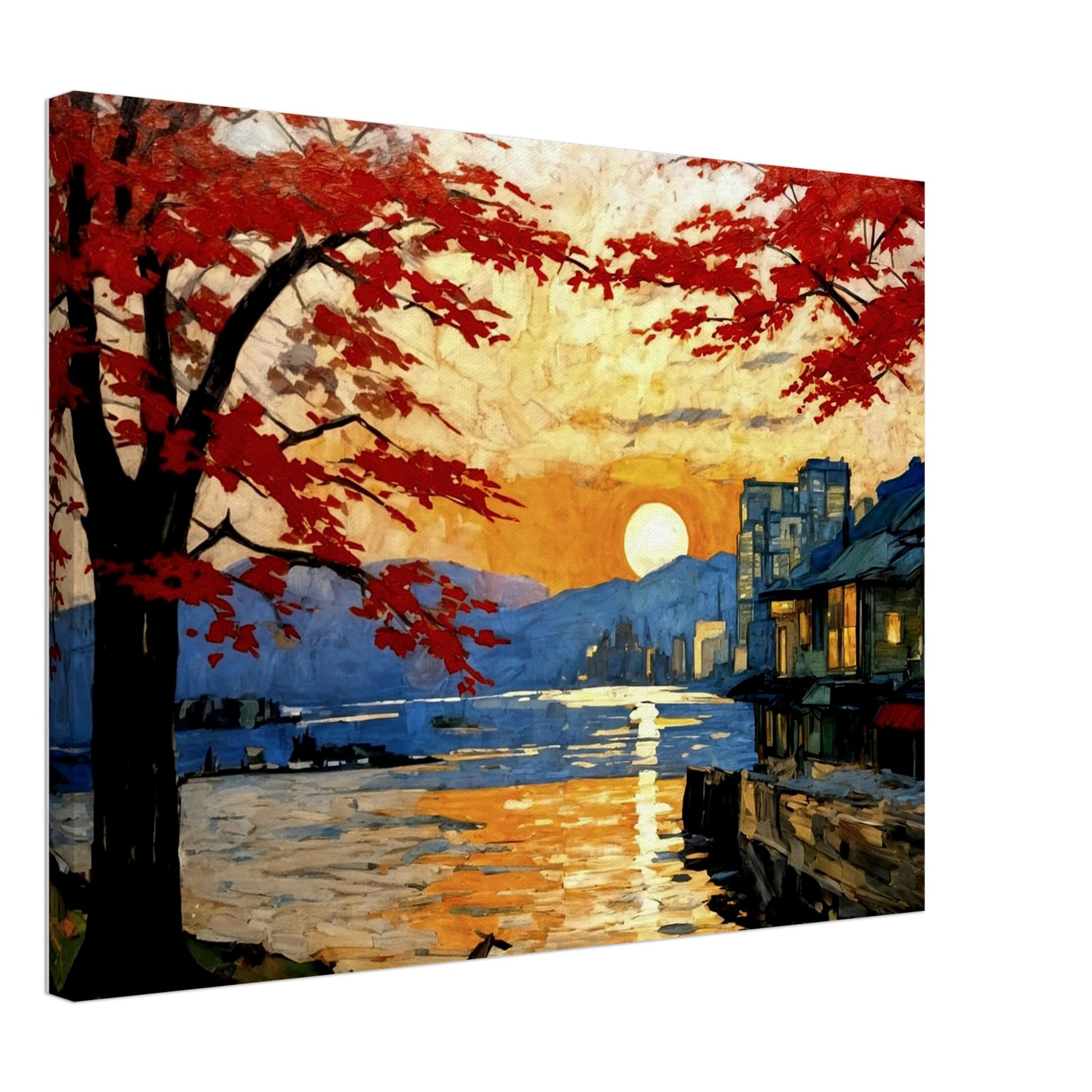 A serene sunset scene with vibrant red trees framing a peaceful waterfront, reflecting golden hues, and a distant cityscape in the background