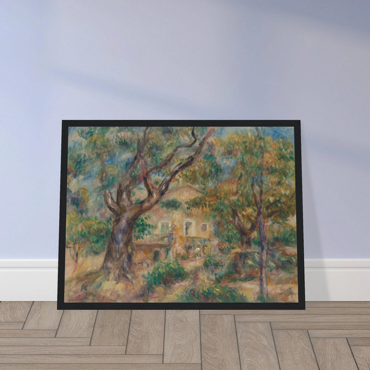 Sunlit farm buildings and trees at Les Collettes in Cagnes, painted with loose, vibrant brushstrokes.