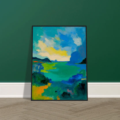 Vivid turquoise waters stretch beneath sweeping blue skies, framed by dark hills and glowing green shorelines.