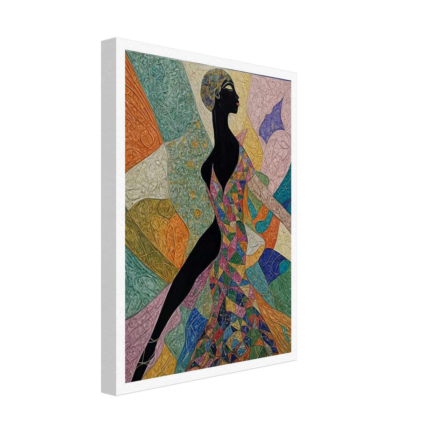 "A dynamic painting featuring a woman in a bold, geometric dress full of colors, poised in elegant motion, set against a vibrant abstract background."