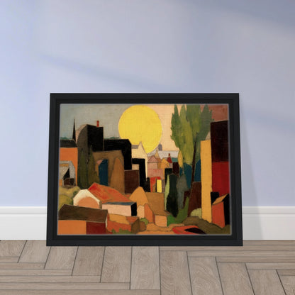 A stylized village landscape featuring geometric houses, tall trees, and a large golden sun rising or setting behind the rooftops in warm earthy tones.