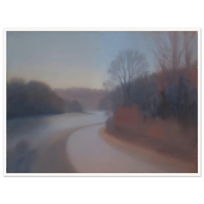 A soft river curves through misty woodlands at dusk, with blurred trees fading into gentle blue and mauve tones.