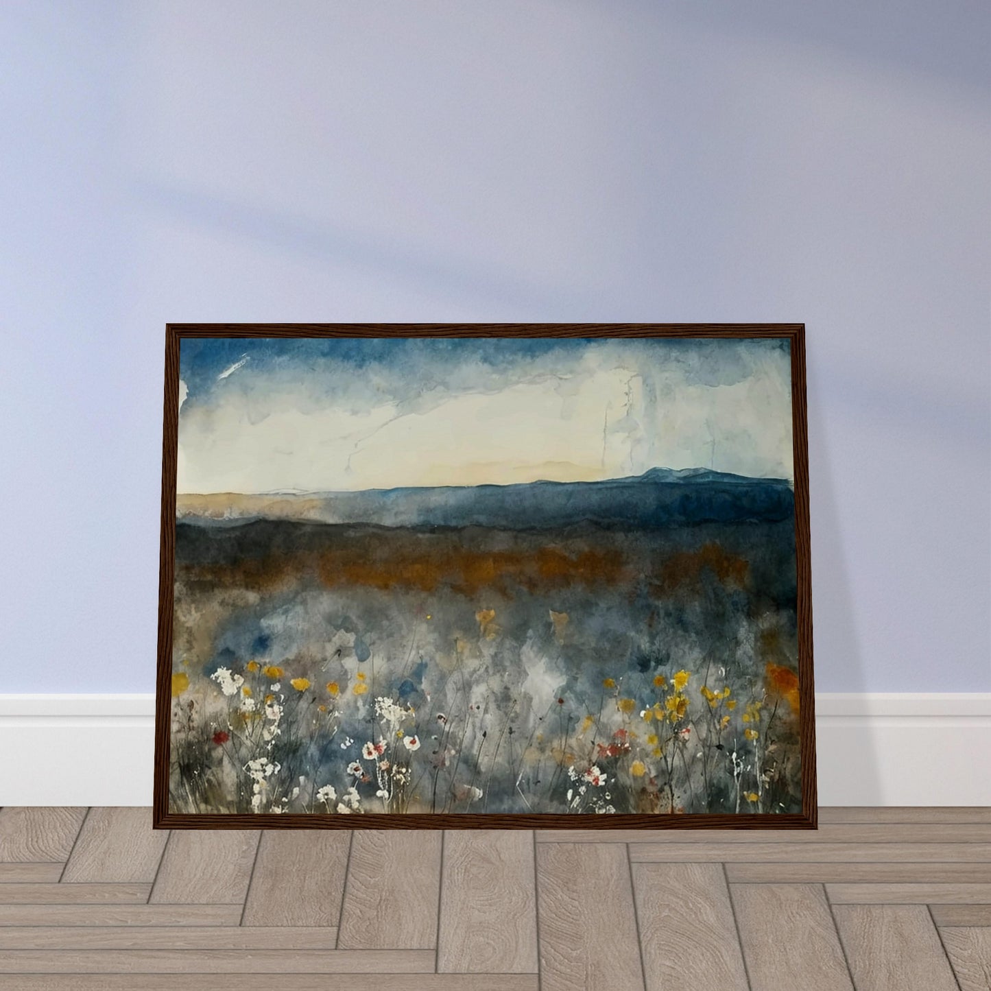 A painting of a misty meadow with wildflowers in the foreground and distant mountains under a cloudy sky.