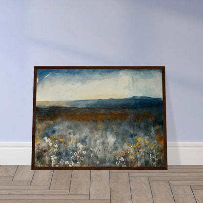 A painting of a misty meadow with wildflowers in the foreground and distant mountains under a cloudy sky.