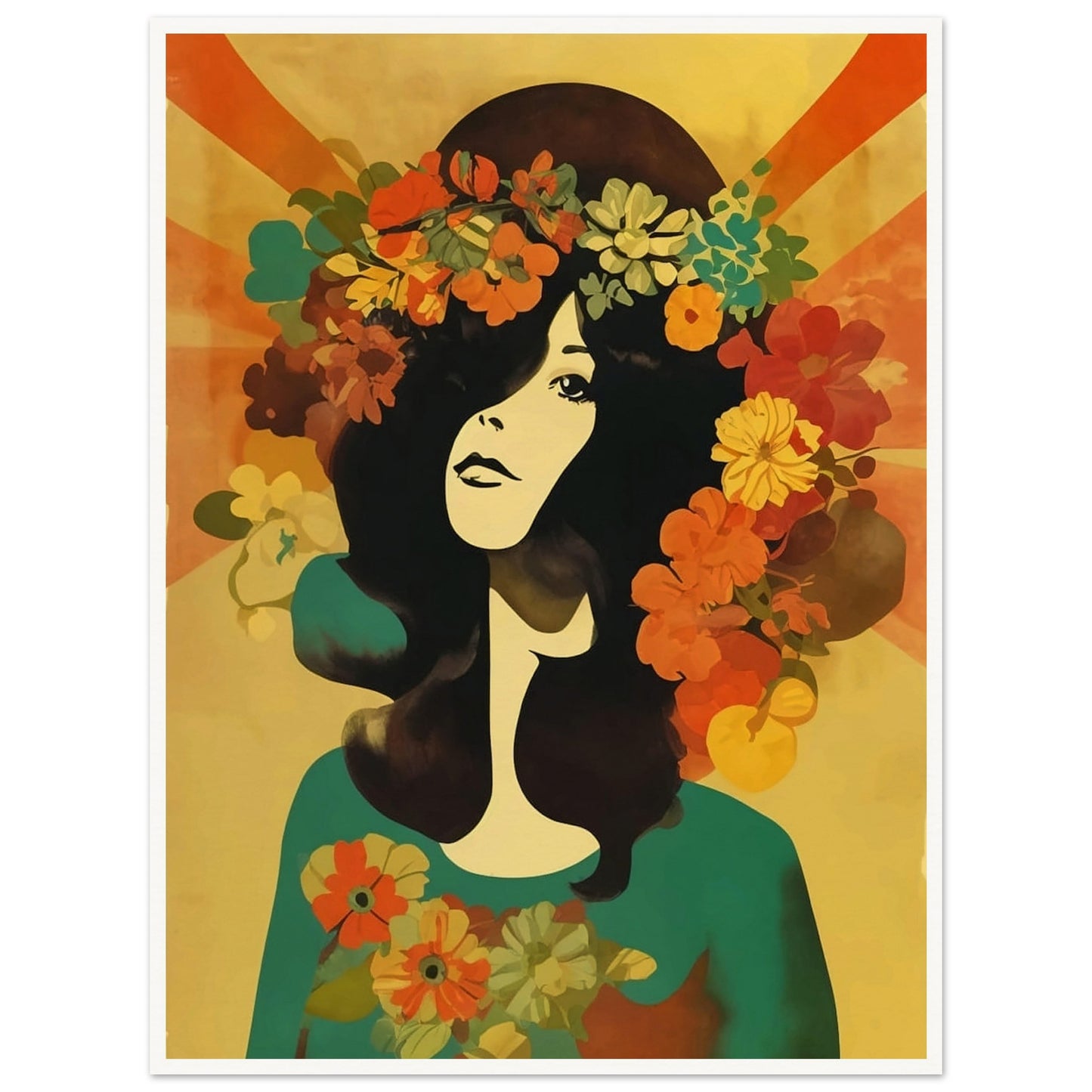 Stylized portrait of a woman with dark hair adorned with a crown of vibrant flowers against a warm, golden background.