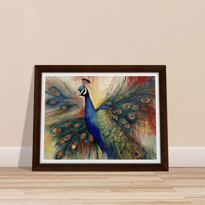 "A stunning painting of a vibrant peacock with its colorful feathers fully fanned out, showcasing rich blues, greens, and intricate eye-like patterns."