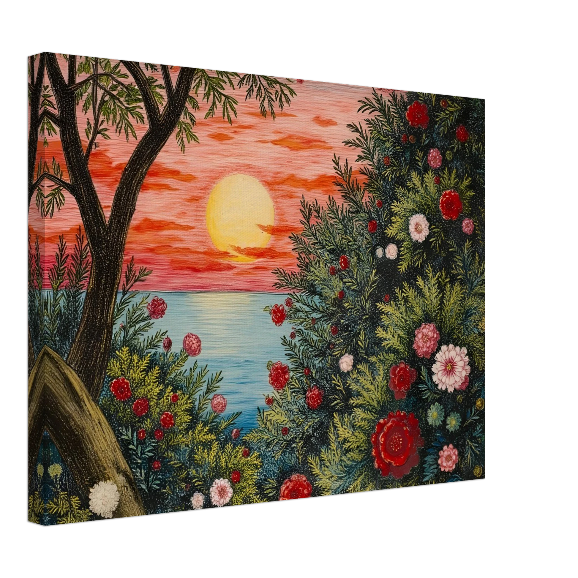 A vivid sunset over the ocean framed by lush bushes filled with red, pink, and white flowers.