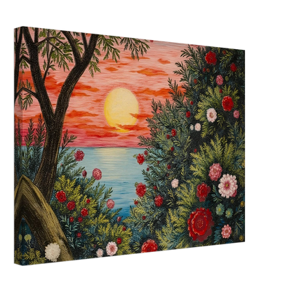 A vivid sunset over the ocean framed by lush bushes filled with red, pink, and white flowers.