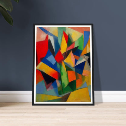 A vibrant abstract painting with sharp, colorful geometric shapes creating a dynamic and energetic composition.