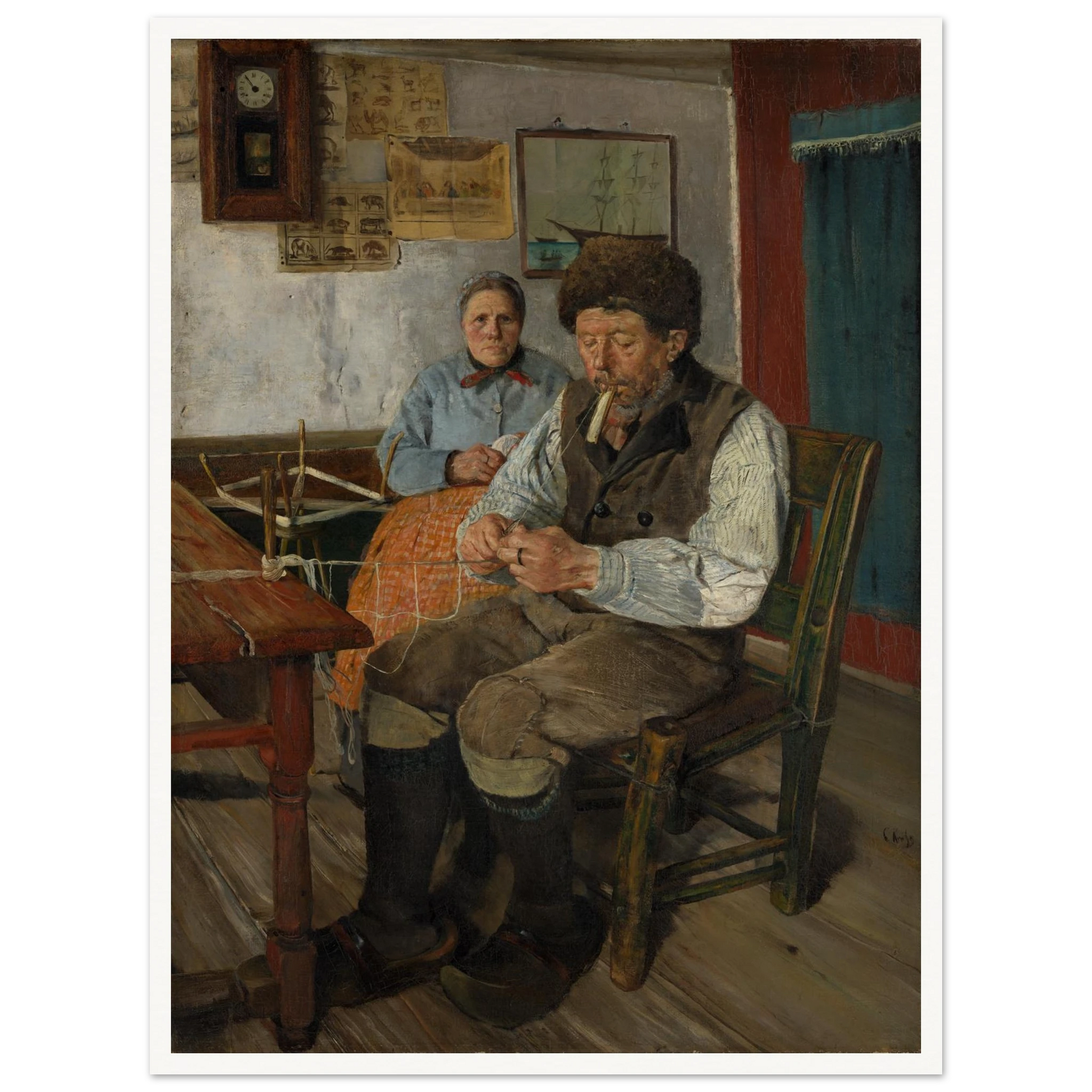 Fisherman mends a net while a woman sits behind him in a modest interior