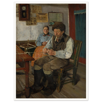 Fisherman mends a net while a woman sits behind him in a modest interior