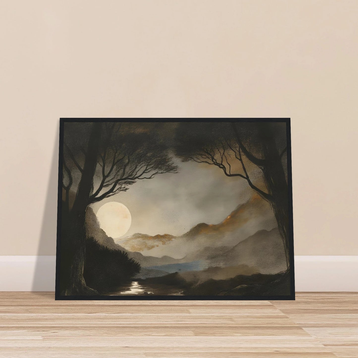 A dreamy night scene of a full moon casting light over misty mountains, dark trees, and a reflective stream.