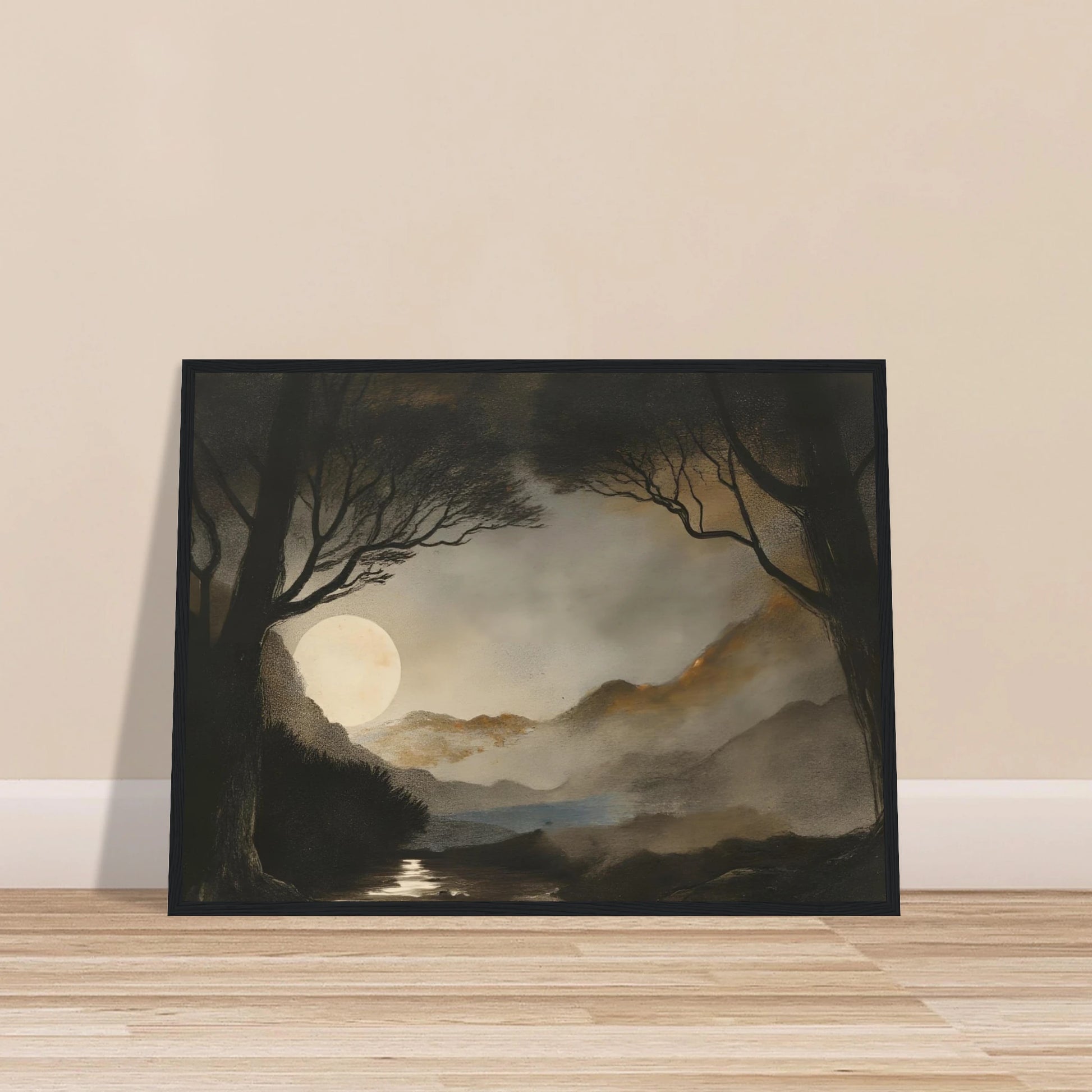 A dreamy night scene of a full moon casting light over misty mountains, dark trees, and a reflective stream.