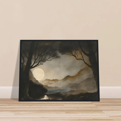 A dreamy night scene of a full moon casting light over misty mountains, dark trees, and a reflective stream.