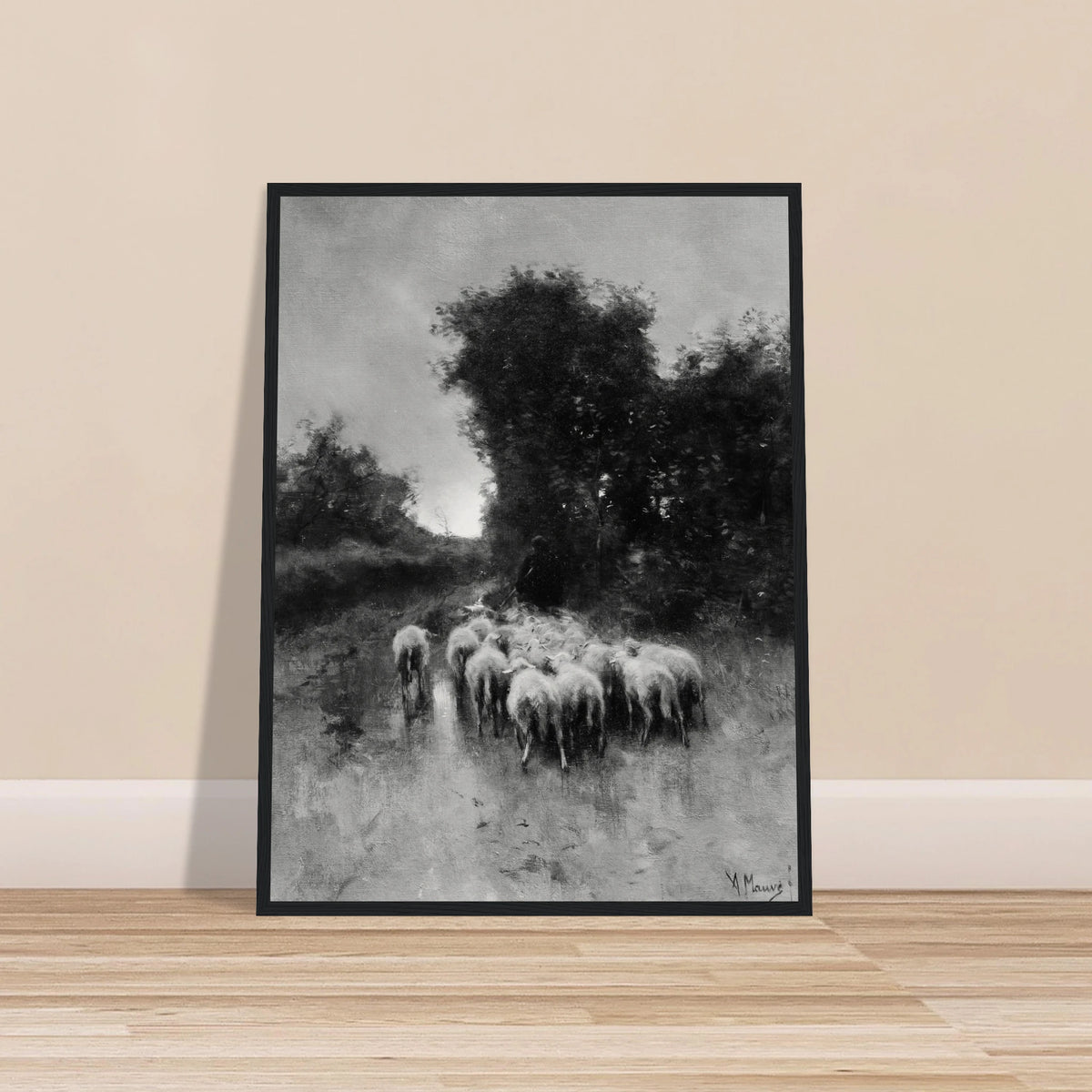A shepherd leads a flock of sheep along a wooded path beneath tall trees and a cloudy sky.