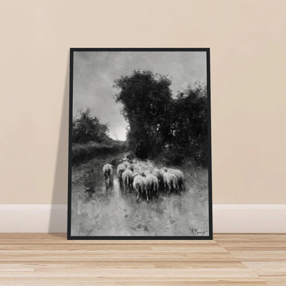 A shepherd leads a flock of sheep along a wooded path beneath tall trees and a cloudy sky.