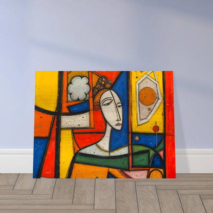 A bold cubist portrait of a woman framed by vivid red, yellow, blue, and green panels with striking geometric forms.