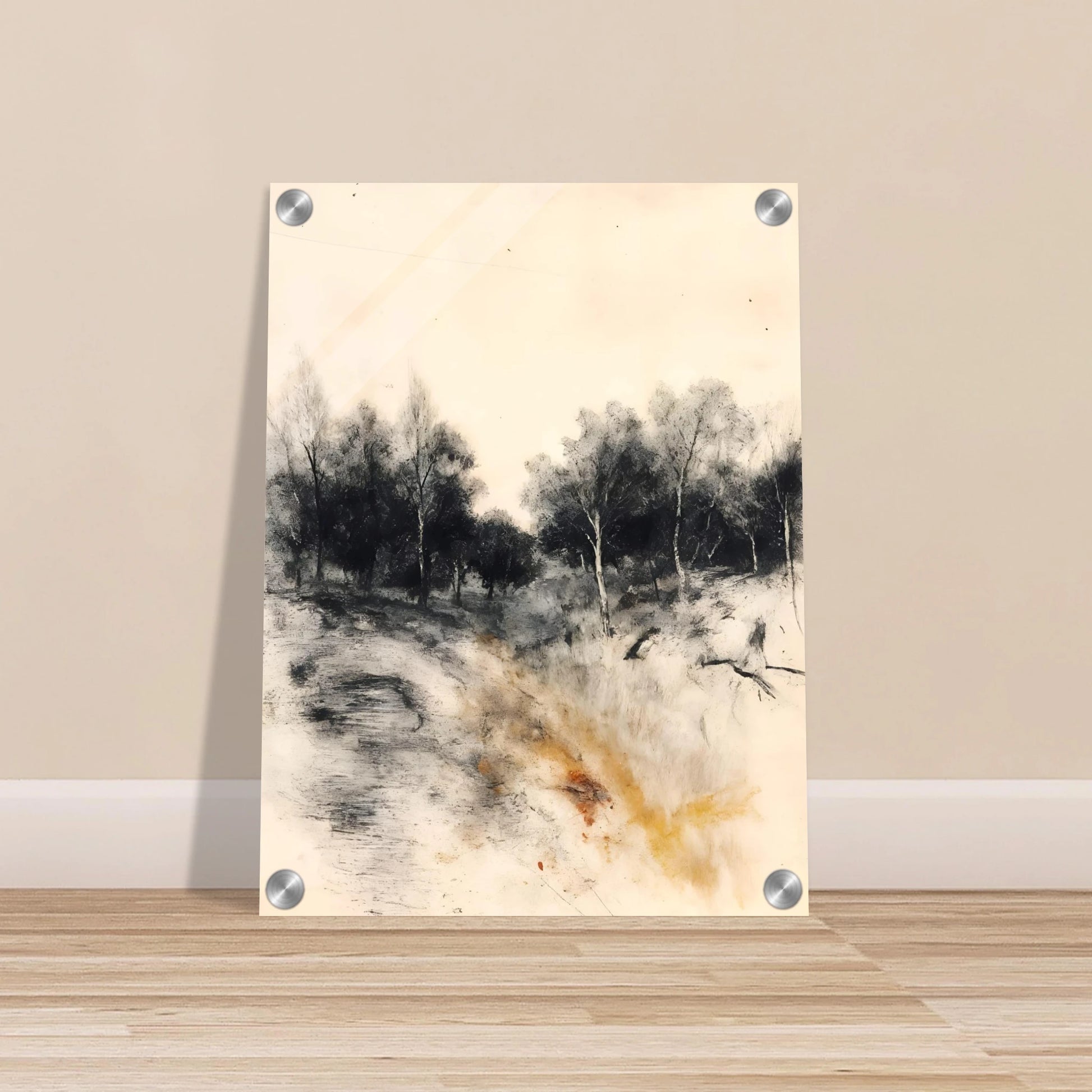 Muted woodland path with dark trees, soft sky, and warm ochre grasses in a quiet portrait scene.