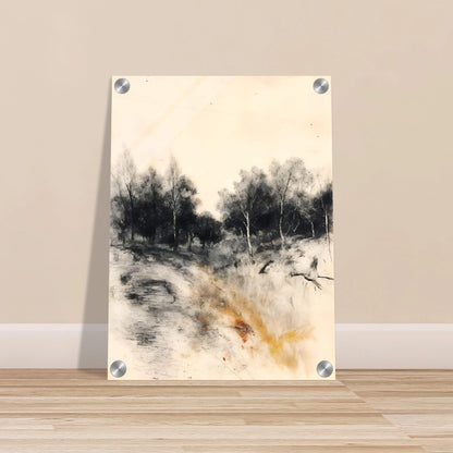 Muted woodland path with dark trees, soft sky, and warm ochre grasses in a quiet portrait scene.