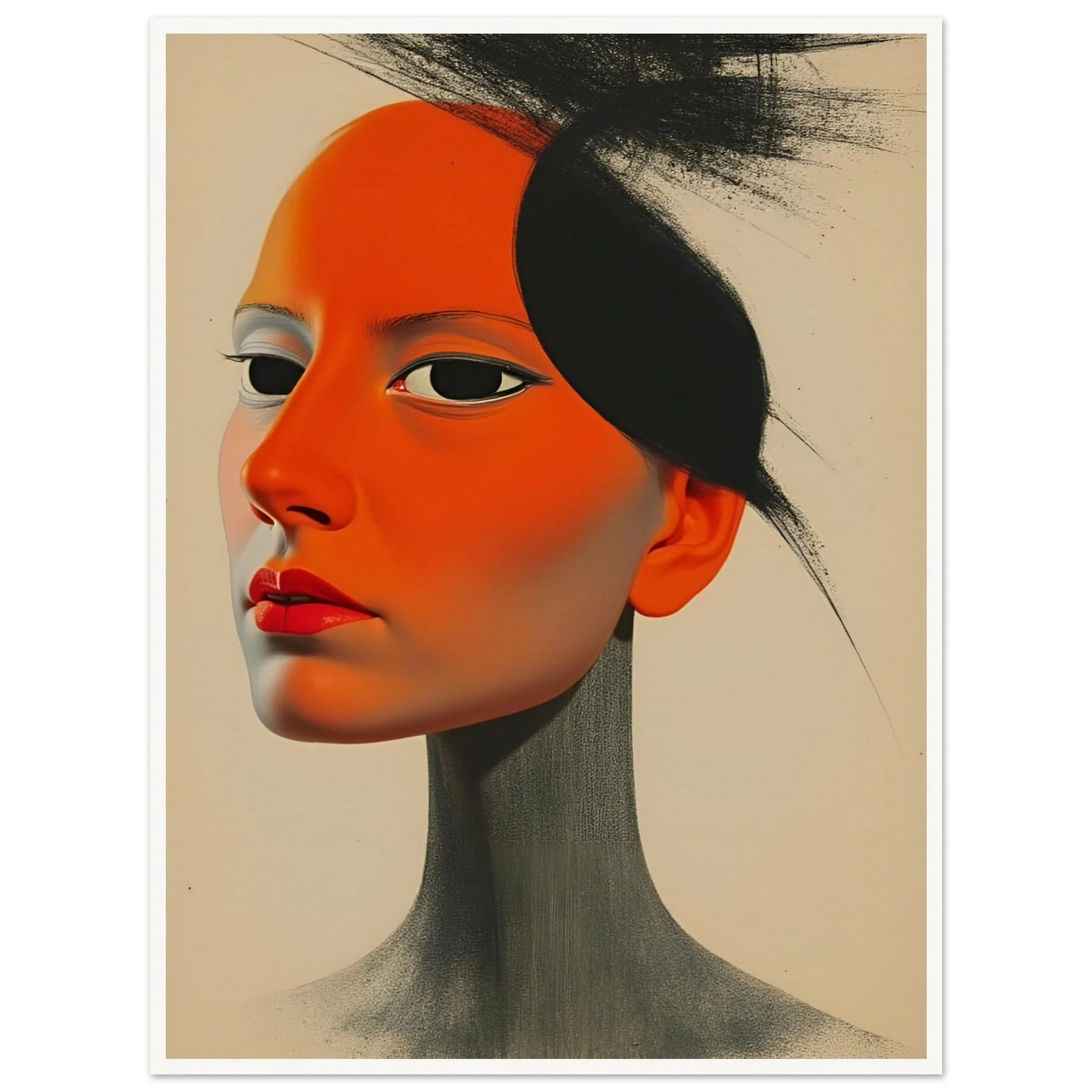 A surreal portrait of a woman with vivid orange skin and intense gaze, blending soft realism with bold graphic contrasts.