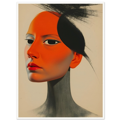 A surreal portrait of a woman with vivid orange skin and intense gaze, blending soft realism with bold graphic contrasts.