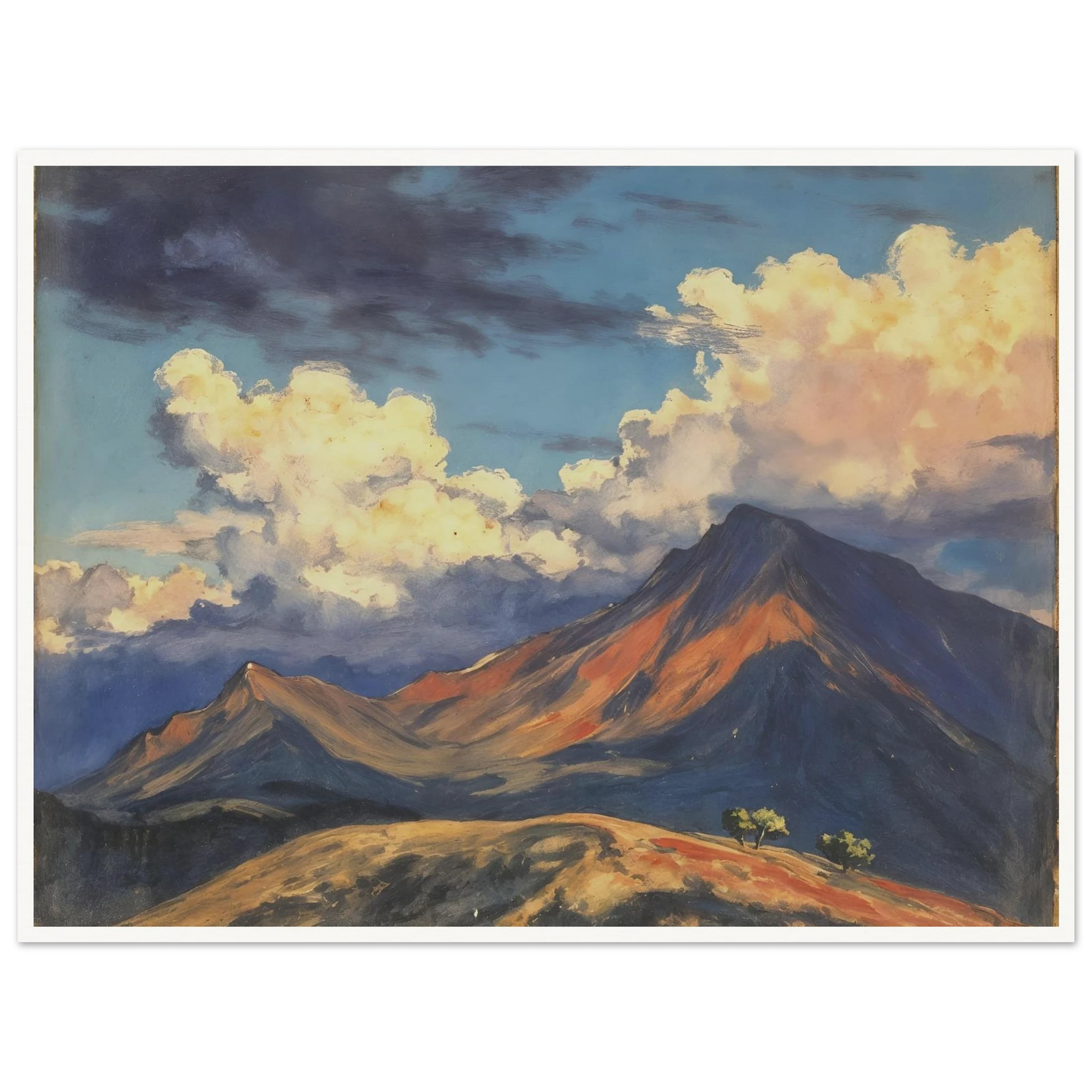 Sunlit mountain peaks glow beneath towering cream clouds and deep blue skies, with warm ridges stretching across an open landscape.