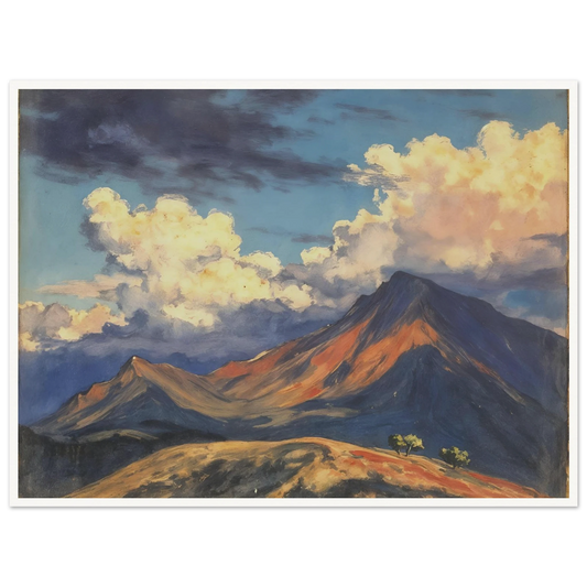 Sunlit mountain peaks glow beneath towering cream clouds and deep blue skies, with warm ridges stretching across an open landscape.