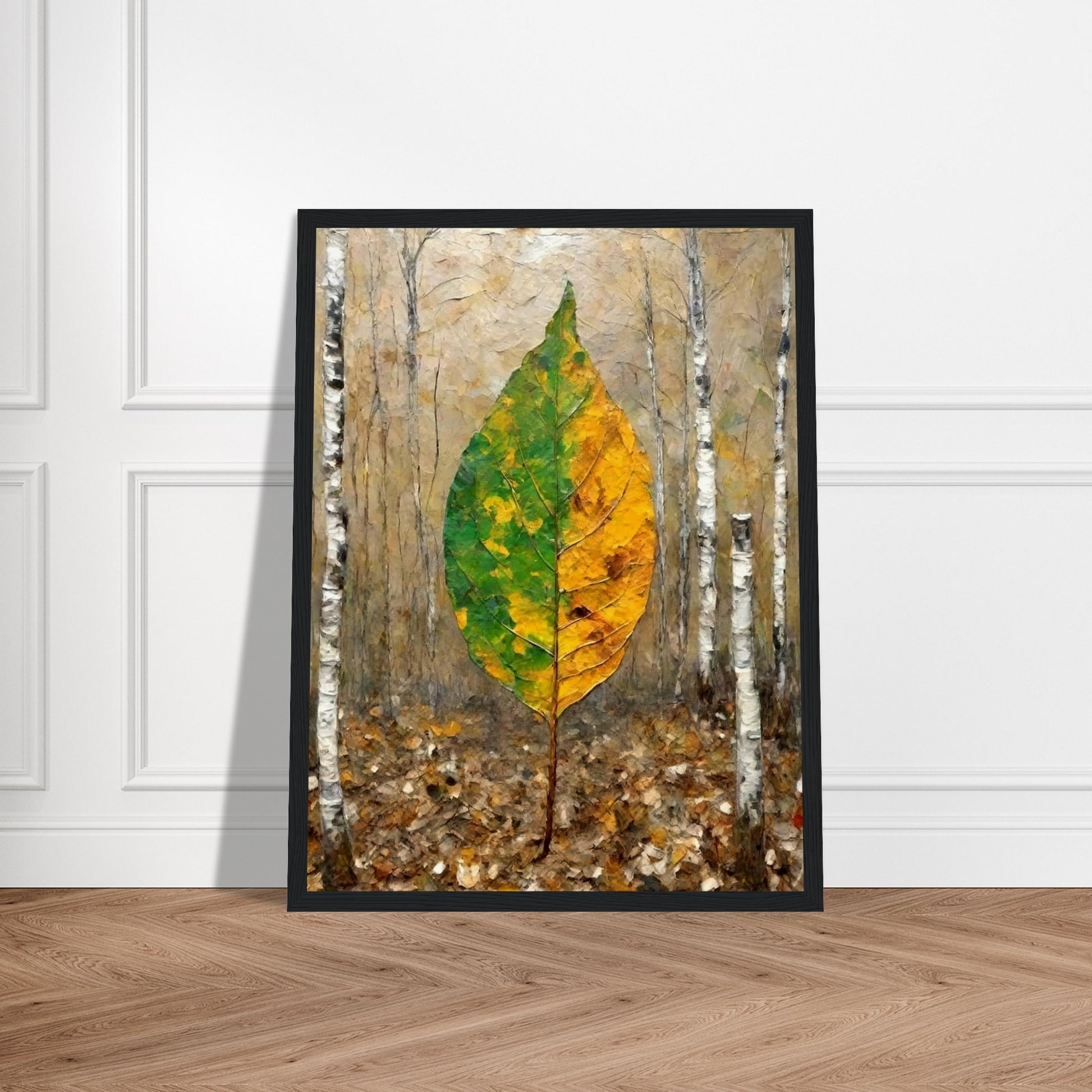 A large leaf, half green and half yellow, stands upright in a birch forest, symbolizing the transition between seasons with soft autumnal tones.