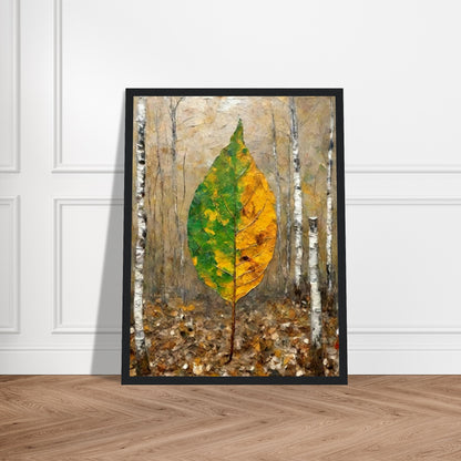 A large leaf, half green and half yellow, stands upright in a birch forest, symbolizing the transition between seasons with soft autumnal tones.