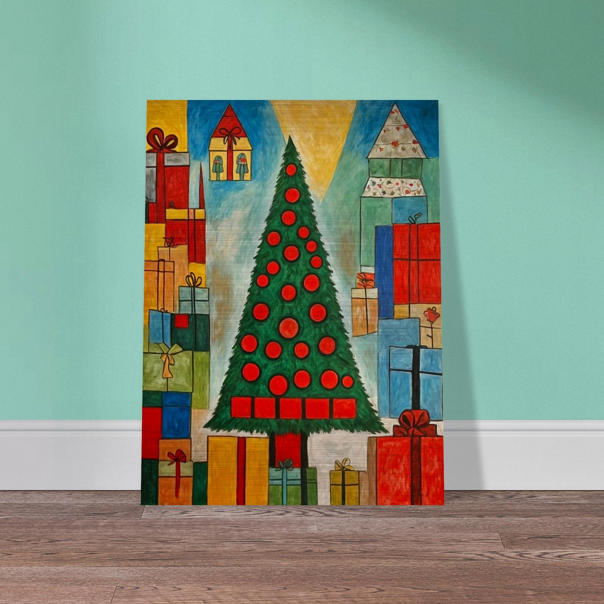 A vibrant Christmas scene featuring a tall tree decorated with red ornaments, surrounded by colorful presents wrapped in various sizes, symbolizing festive cheer.