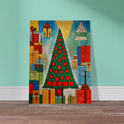 A vibrant Christmas scene featuring a tall tree decorated with red ornaments, surrounded by colorful presents wrapped in various sizes, symbolizing festive cheer.