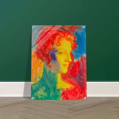 A vivid portrait of a woman in glowing reds, blues, and golds, blending luminous tones into a dreamlike expressive composition.