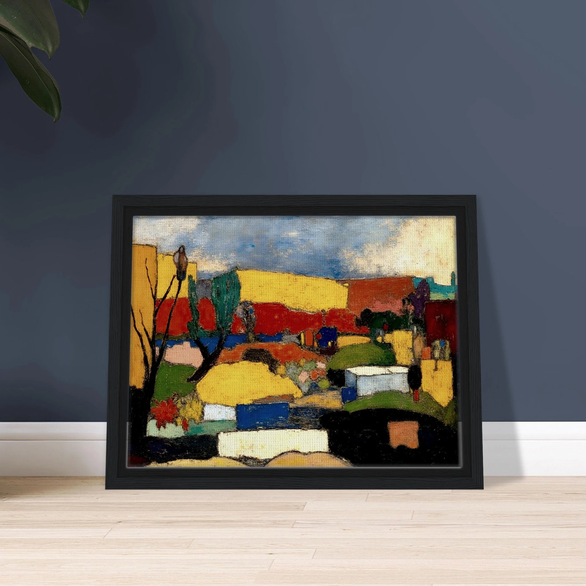Colorful village nestled among rolling hills with bright rooftops, trees, and fields beneath a textured blue sky.