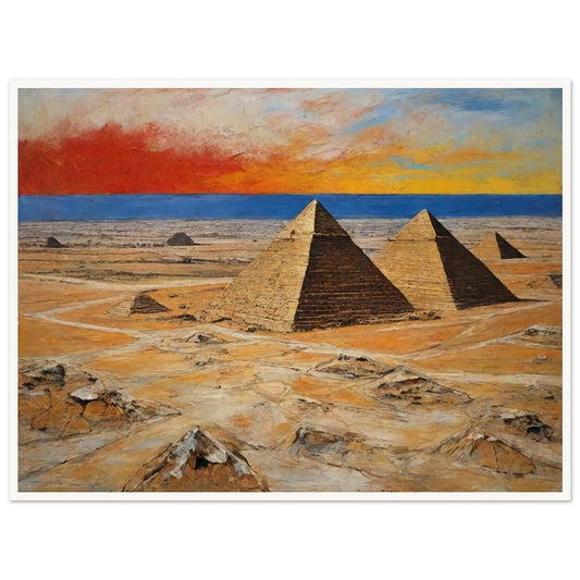 "A dramatic painting of the pyramids in Egypt, set against a vibrant sunset sky with rich shades of red, orange, and blue, highlighting the vast desert landscape."