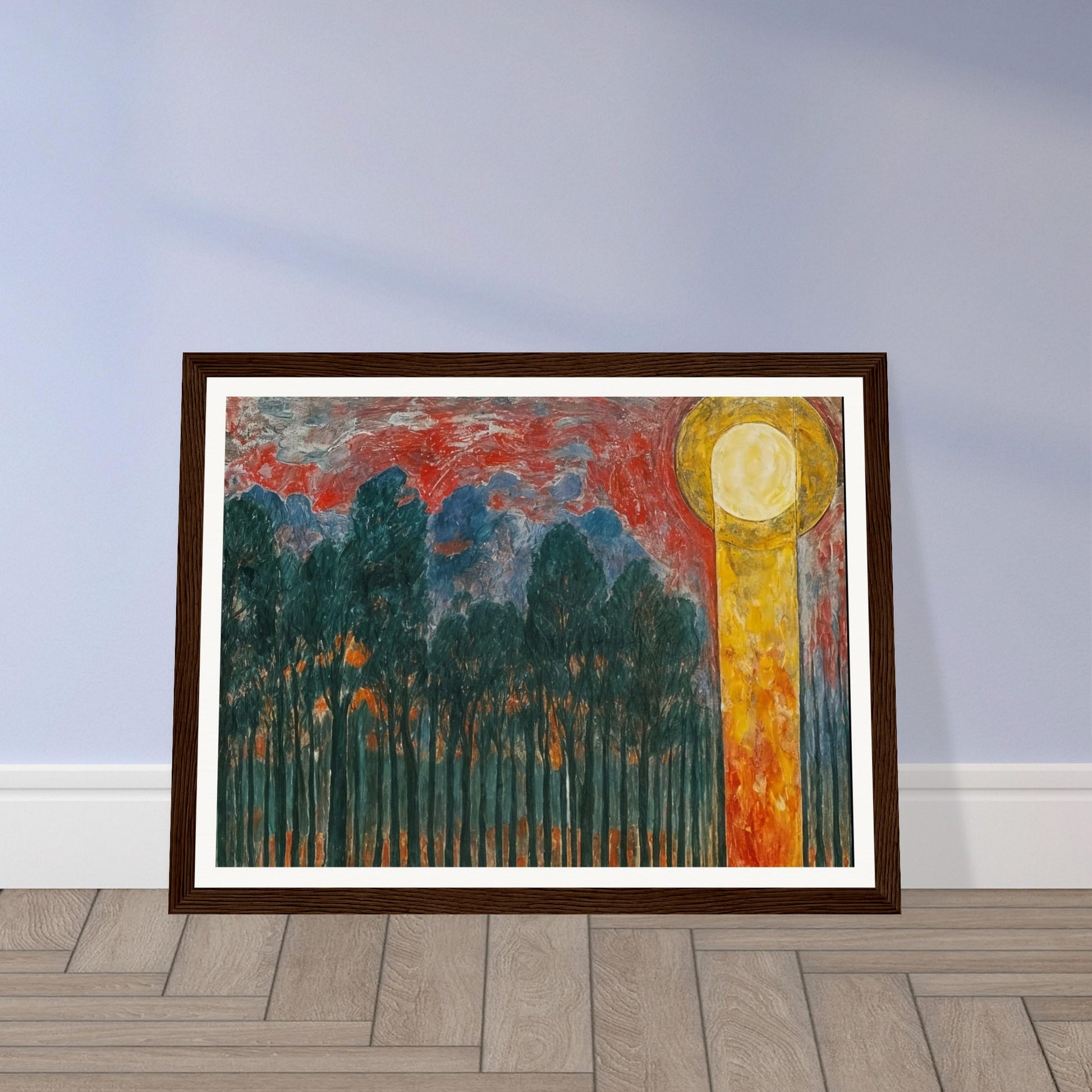 A vibrant painting of a forest with dark trees under a dramatic red and blue sky, with a glowing yellow sun.