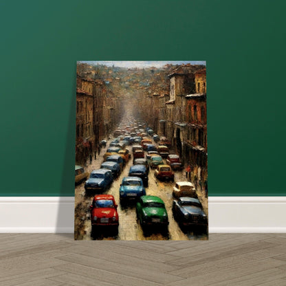 "A densely packed painting of colorful cars lined up in a busy city street, depicting the chaotic energy of a traffic jam on an urban road surrounded by tall buildings."