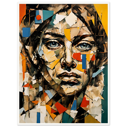 A striking portrait of a woman’s face composed of fractured, colorful shards, with piercing blue eyes conveying depth and emotion.