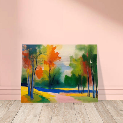 A colorful abstract painting of an autumn landscape, featuring vibrant orange, yellow, green, and blue hues. Trees with slender trunks are scattered throughout the scene, and a winding path leads through the colorful foliage.