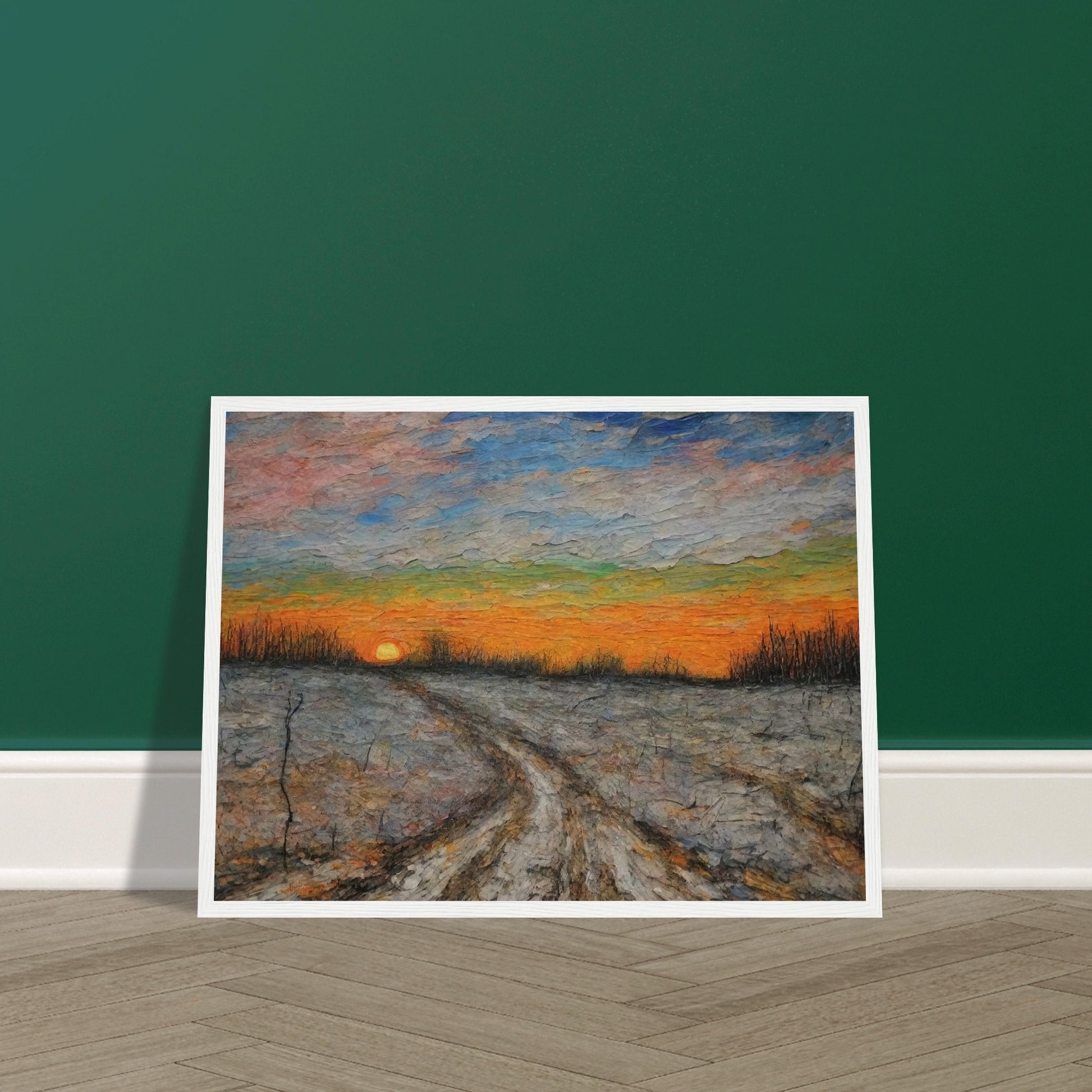 A painting of a winding dirt road at sunset, with vibrant colors filling the sky and bare trees lining the landscape.