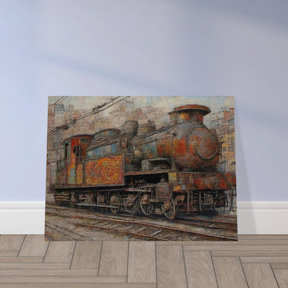 "A detailed painting of a colorful, weathered steam locomotive in an urban setting, showcasing intricate patterns and a sense of nostalgia for vintage travel."