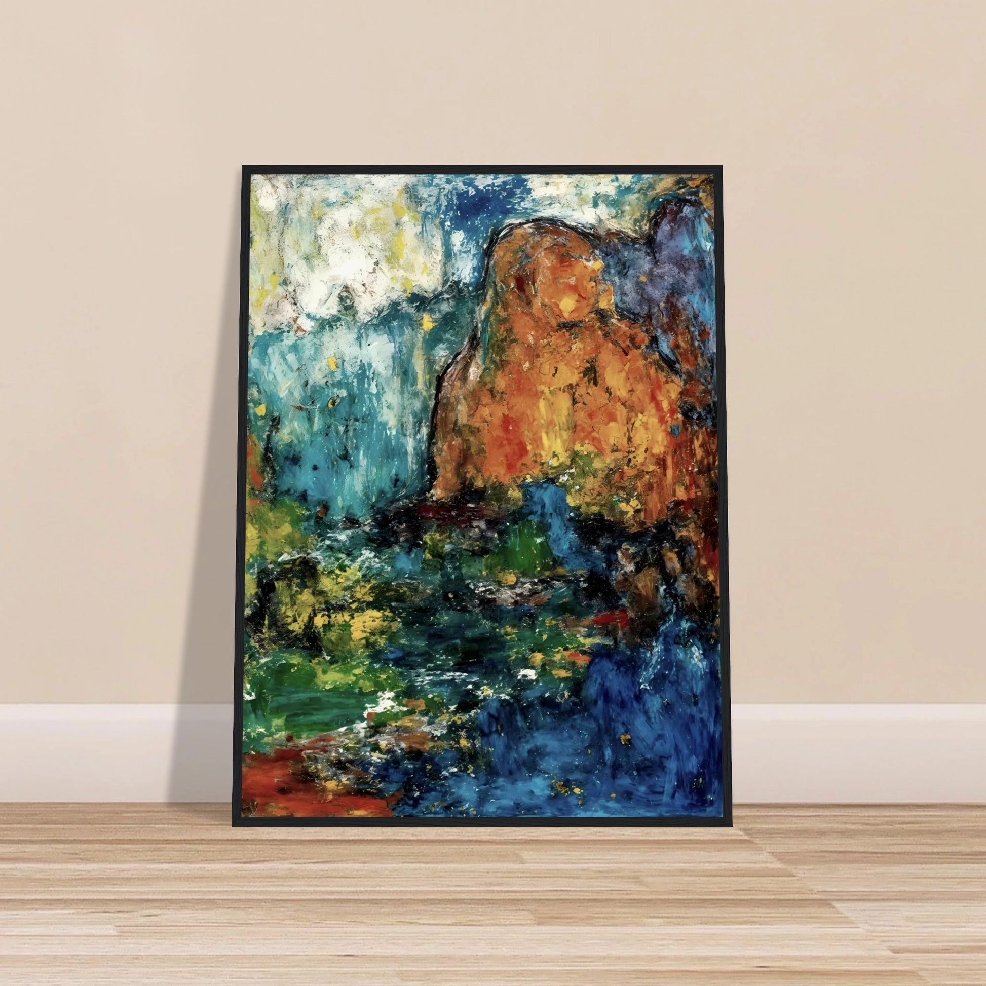 Blue falls and green pools flow between ochre cliffs and dark rocks in a textured landscape.