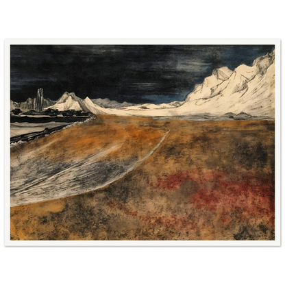 A dramatic landscape of snow-covered mountains under a dark sky, overlooking a vast brown tundra plain with icy ridges and distant peaks.