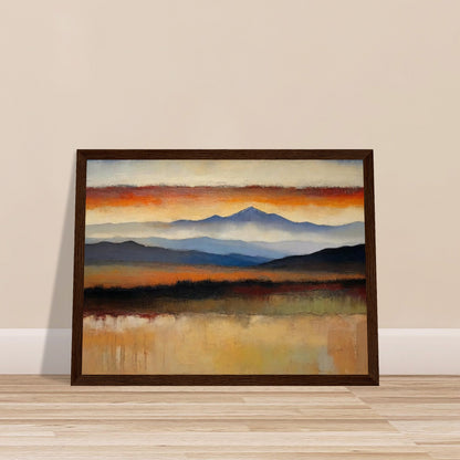 A peaceful painting of a vast landscape with layered mountains in the distance and a colorful sunset sky.