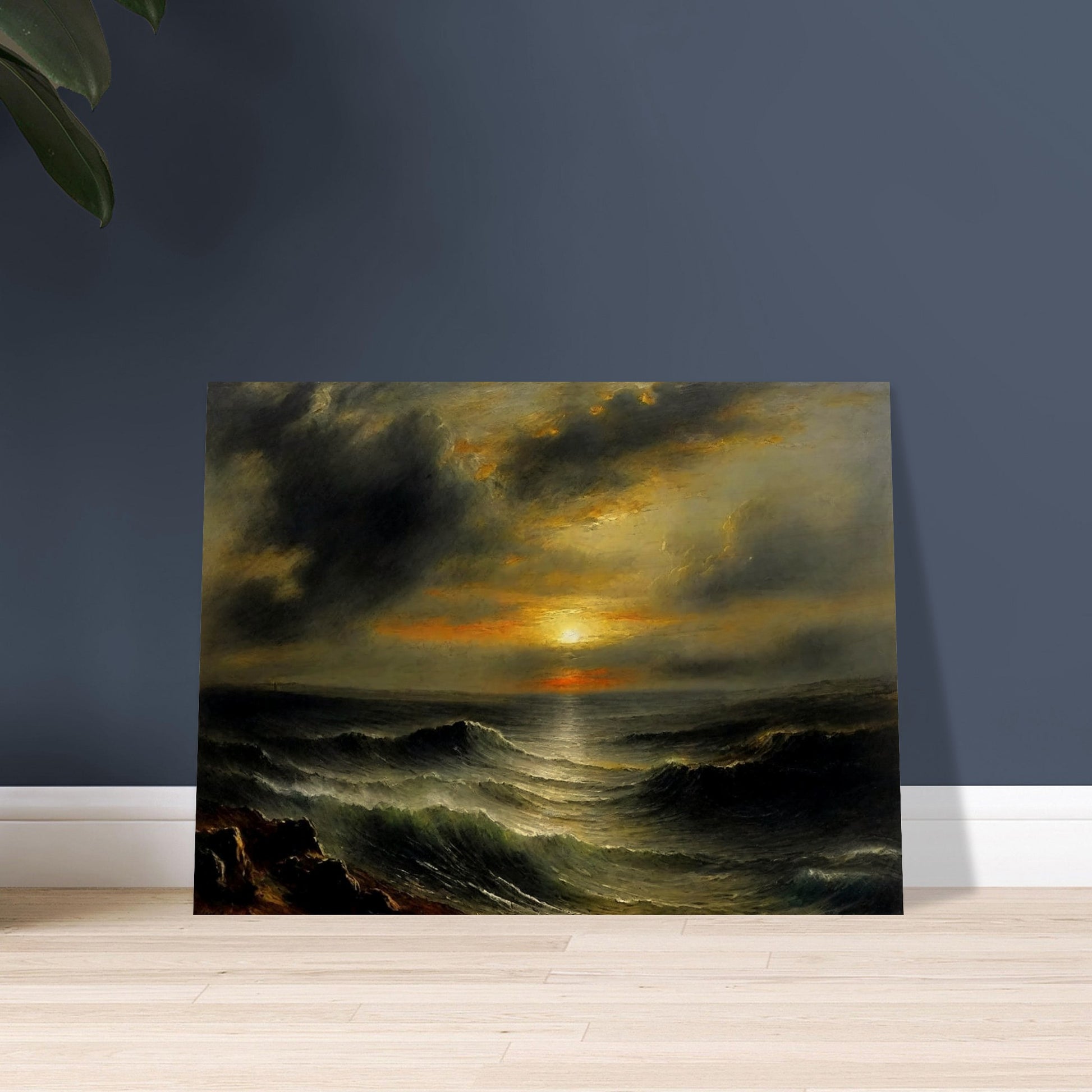 A dramatic seascape painting capturing the power and beauty of the ocean at sunset. The scene features turbulent waves under a cloudy sky, with the sun breaking through the horizon, casting an orange and yellow glow over the water.