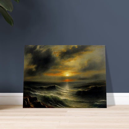 A dramatic seascape painting capturing the power and beauty of the ocean at sunset. The scene features turbulent waves under a cloudy sky, with the sun breaking through the horizon, casting an orange and yellow glow over the water.