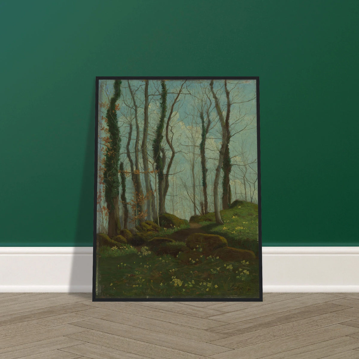 A quiet woodland lane winds through tall trees, mossy rocks, and small flowers under a blue-green sky.