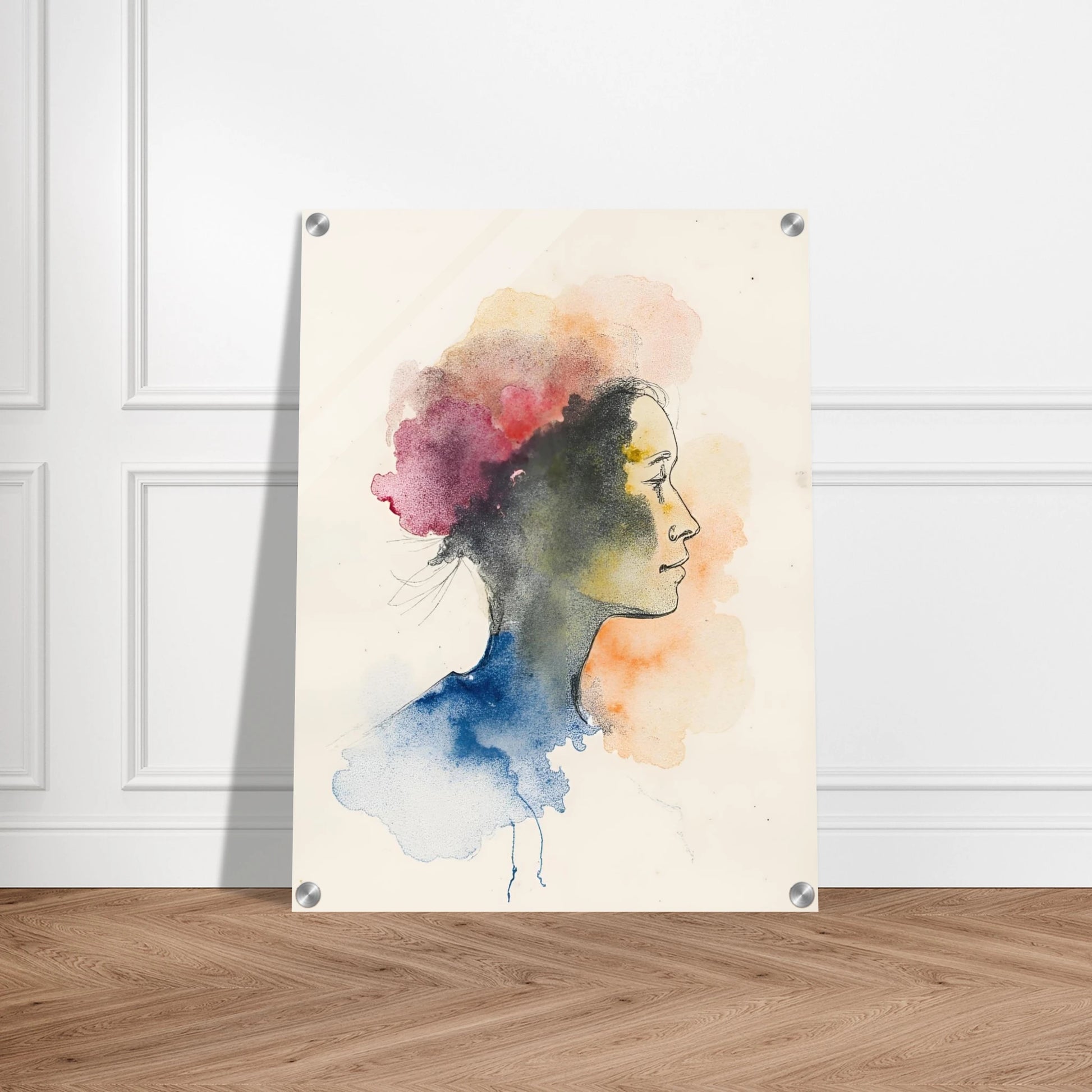 Side profile of a woman formed by delicate watercolor clouds in blue, pink, and orange, merging softly on cream paper.