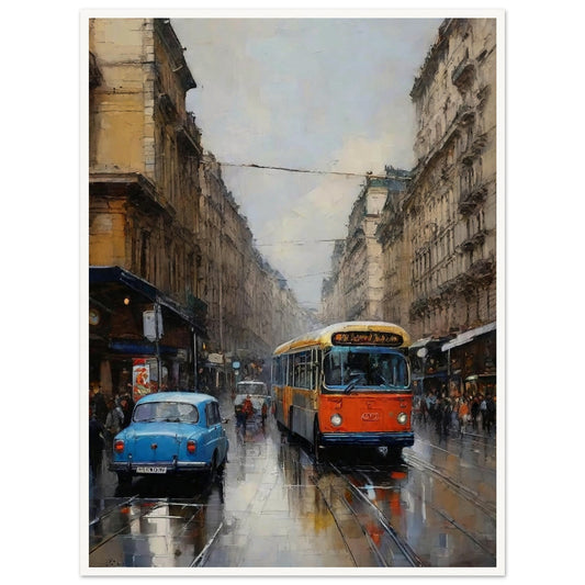 "A beautifully painted urban scene of a streetcar moving through a rainy city, with classic cars and reflective wet streets, evoking a sense of nostalgia."