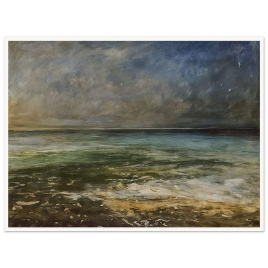 A calm sea under a moody sky, with soft waves rolling onto the shore, capturing the peaceful yet dynamic nature of the ocean.