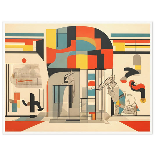 A vibrant abstract artwork with geometric shapes and architectural elements in bold colors like red, yellow, blue, and beige, creating a layered and modern composition.